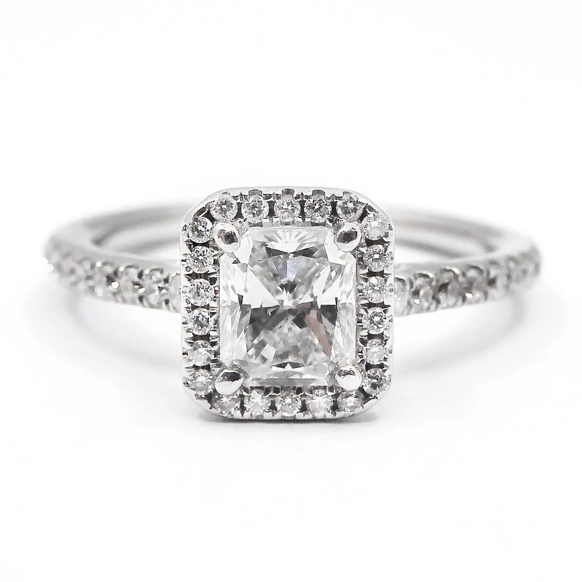 0.71ct Radiant Cut D Colour Diamond Halo Engagement Ring | Pre-Loved | Platinum