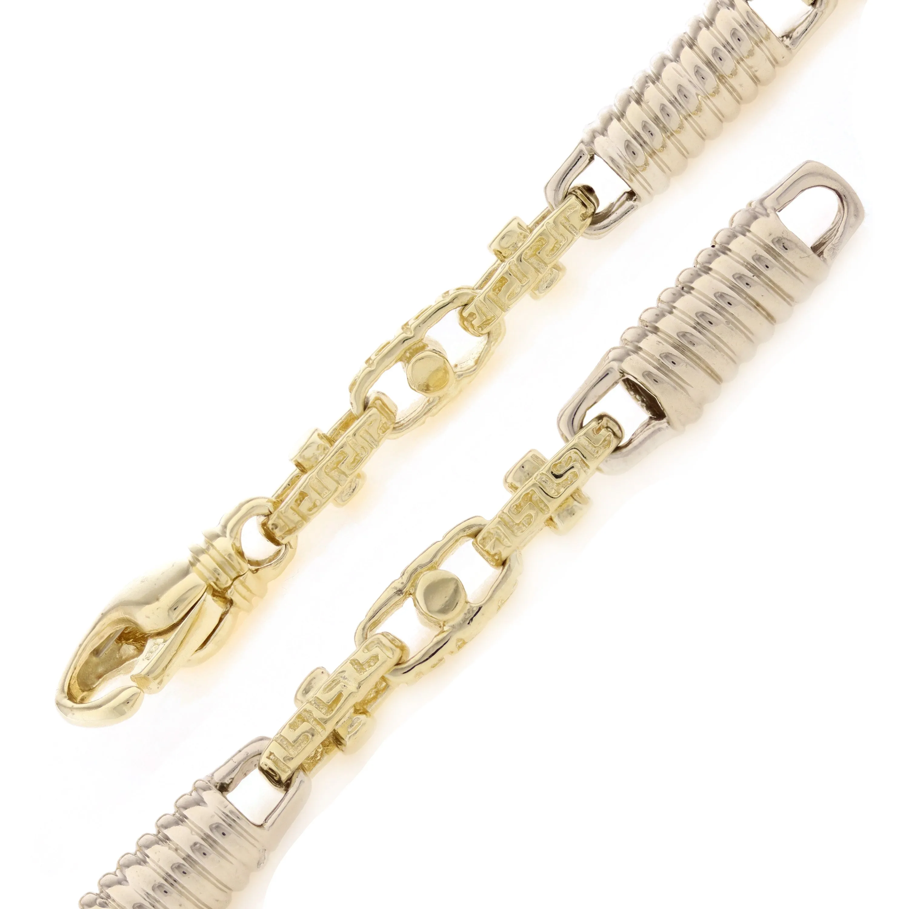 10k Two Tone Gold Handmade Spring Barrell & Greek Link Bracelet 7" 7mm 22.5 gram