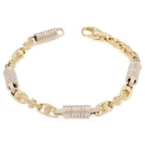 10k Two Tone Gold Handmade Spring Barrell & Greek Link Bracelet 7" 7mm 22.5 gram