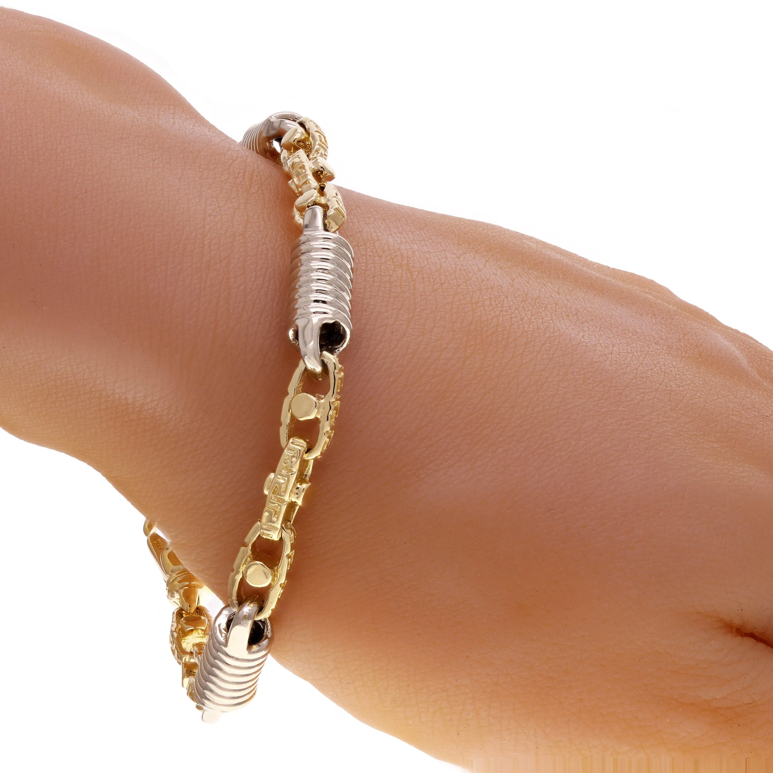 10k Two Tone Gold Handmade Spring Barrell & Greek Link Bracelet 7" 7mm 22.5 gram