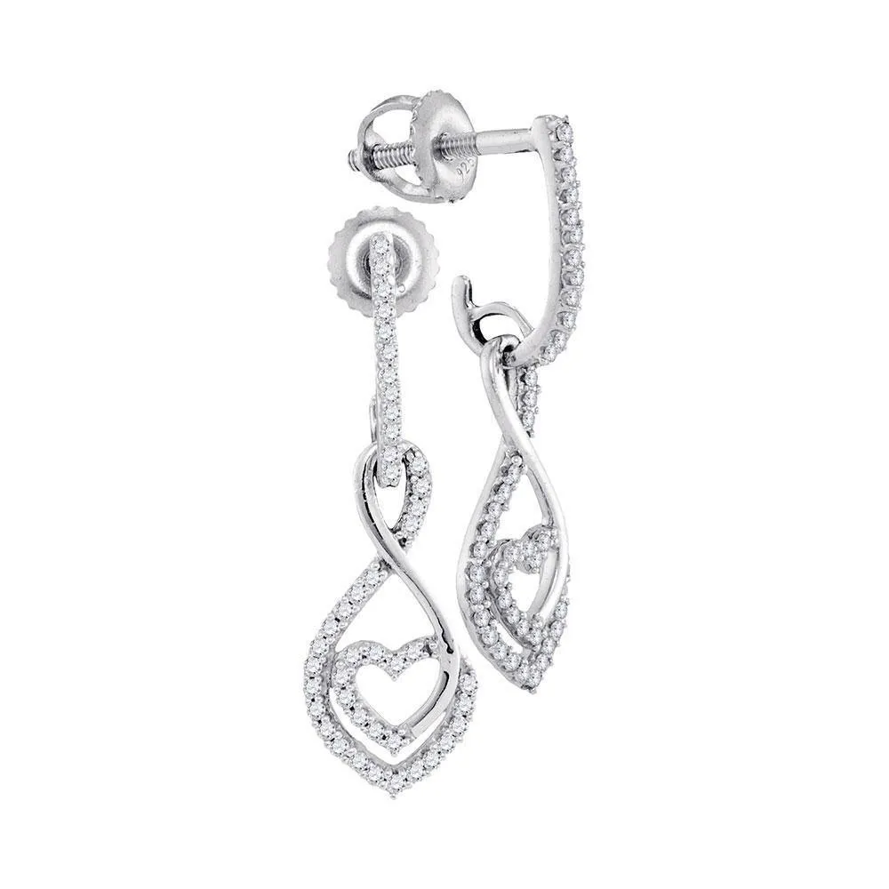 10K White Gold Round Diamond Heart Dangle Screwback Earrings 1/4 Cttw