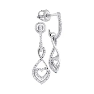 10K White Gold Round Diamond Heart Dangle Screwback Earrings 1/4 Cttw