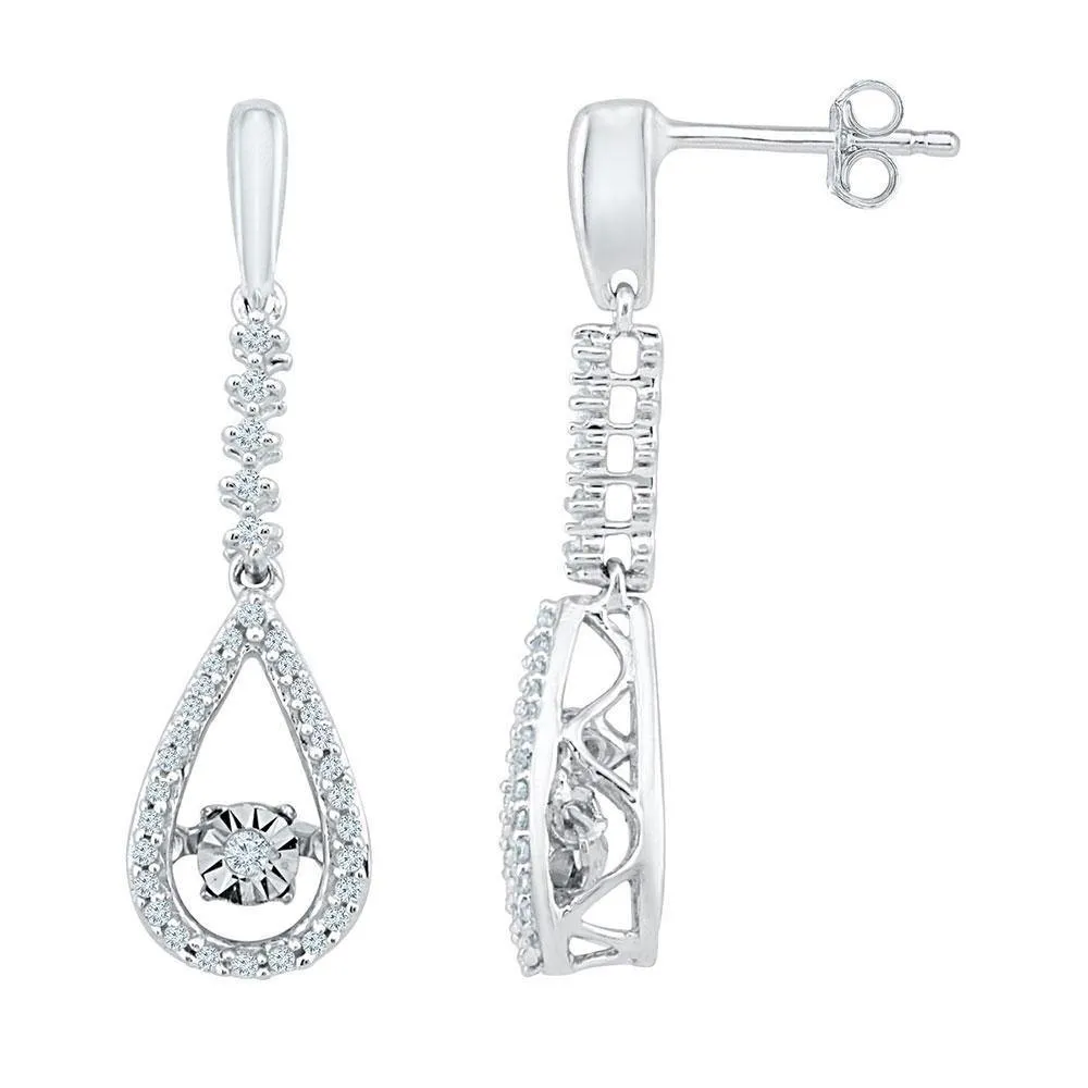 10K White Gold Round Diamond Moving Twinkle Teardrop Dangle Earrings 1/5 Cttw