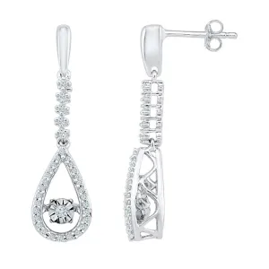 10K White Gold Round Diamond Moving Twinkle Teardrop Dangle Earrings 1/5 Cttw