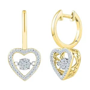 10kt Yellow Gold Womens Round Diamond Heart Moving Twinkle Dangle Earrings 1/4 Cttw