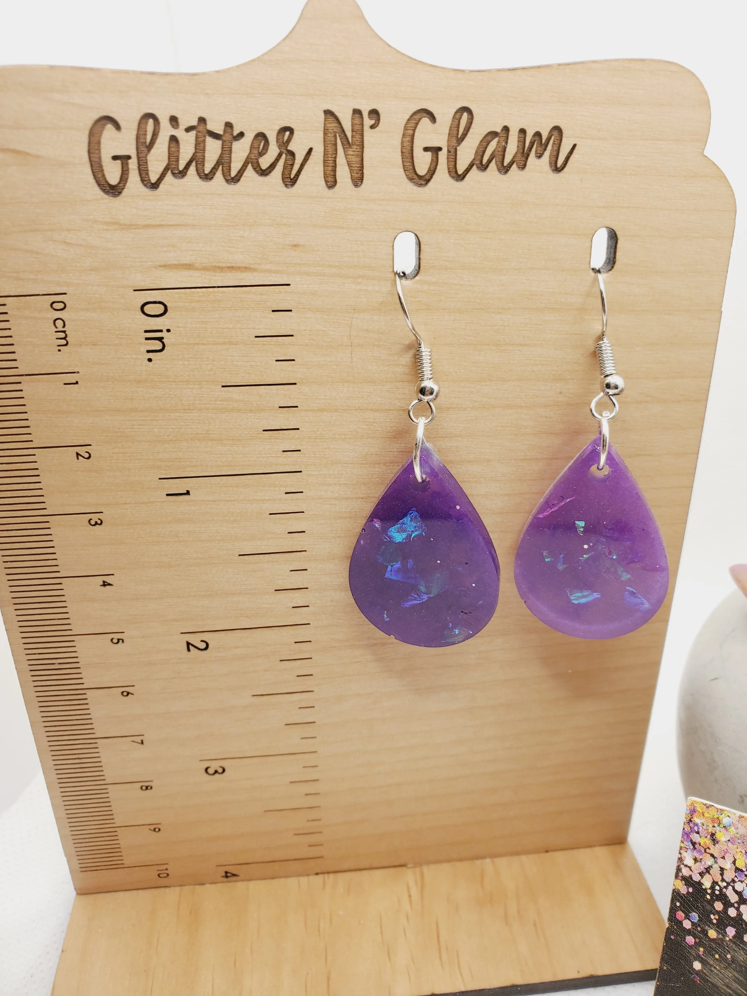1256 Purple with Irridescent Flakes Resin Dangle Earrings