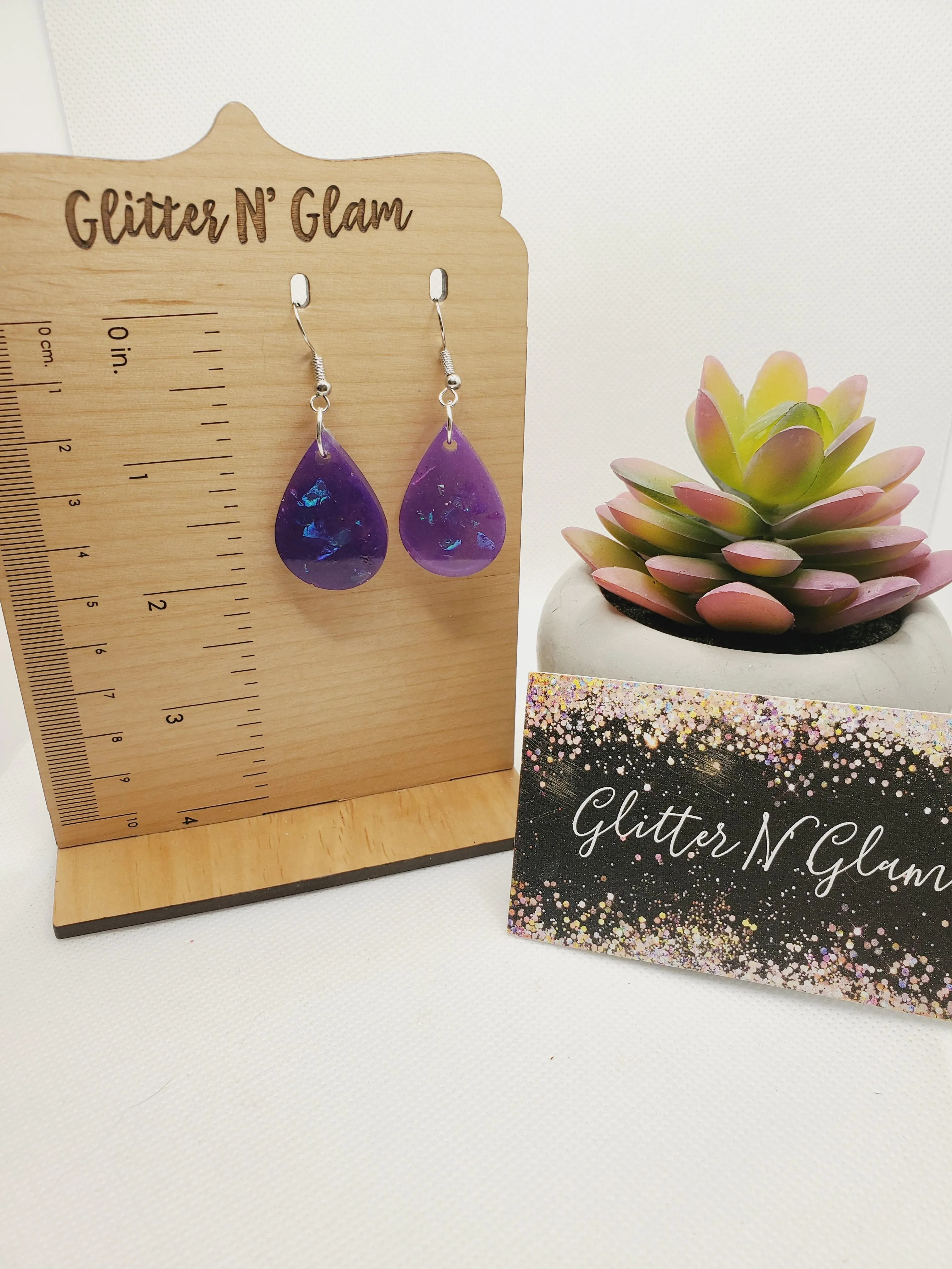 1256 Purple with Irridescent Flakes Resin Dangle Earrings