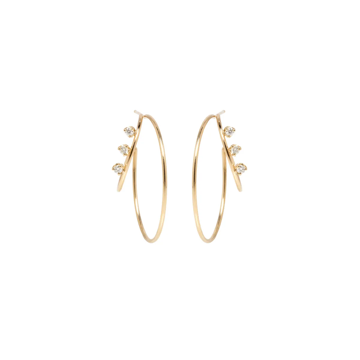 14k 3 Prong Diamond Double Wire Medium Hoops - SALE