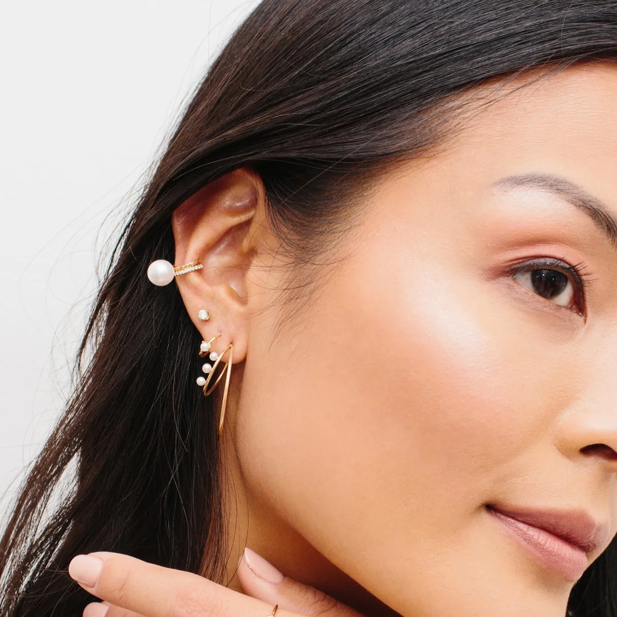 14k 3 Tiny Pearl Double Wire Medium Hoops - SALE