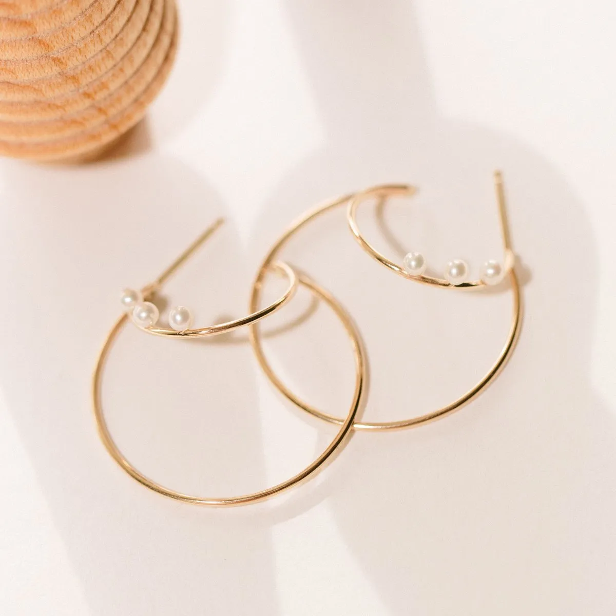 14k 3 Tiny Pearl Double Wire Medium Hoops - SALE