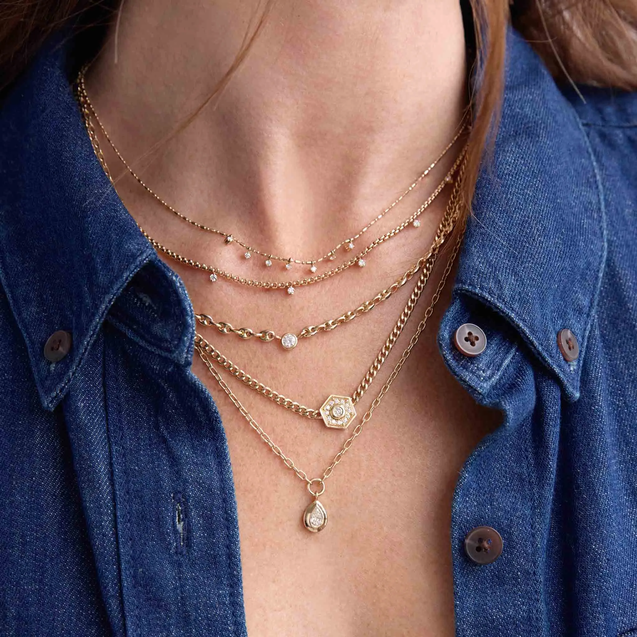 14k 7 Dangling Prong Diamond Tube Bar Chain Necklace