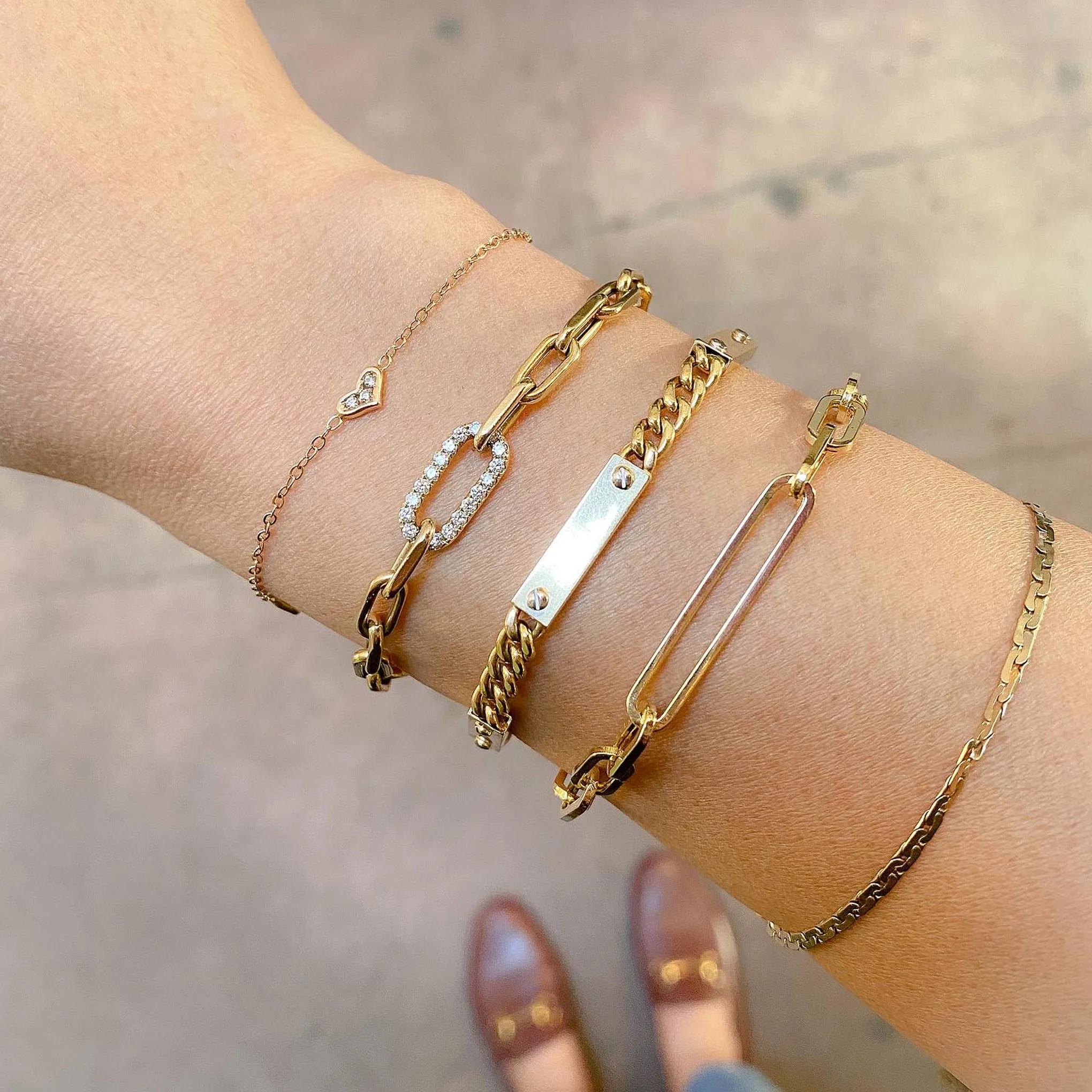 14K Gold Cuban Link Bar Chain Bracelet, Small Size Links
