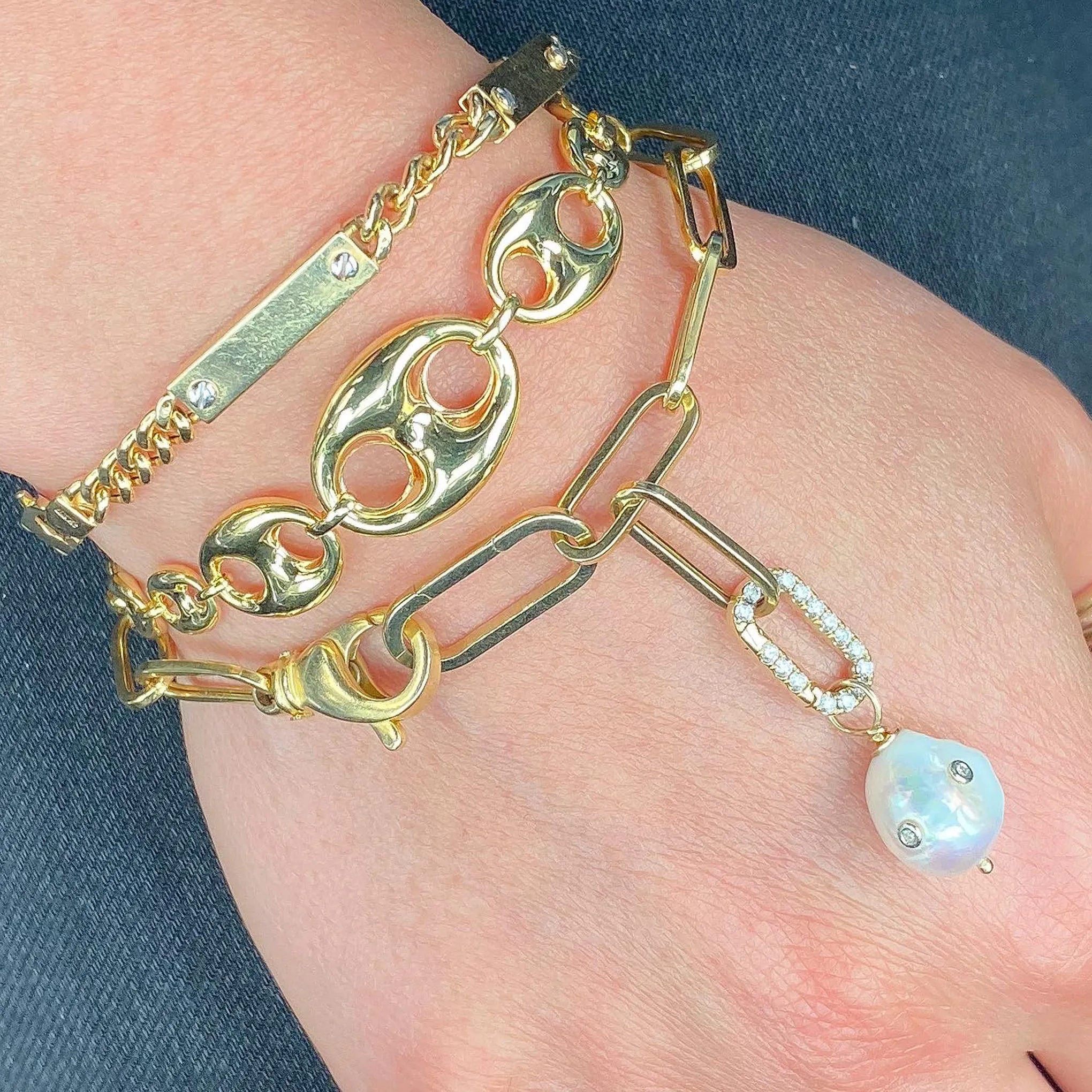 14K Gold Cuban Link Bar Chain Bracelet, Small Size Links