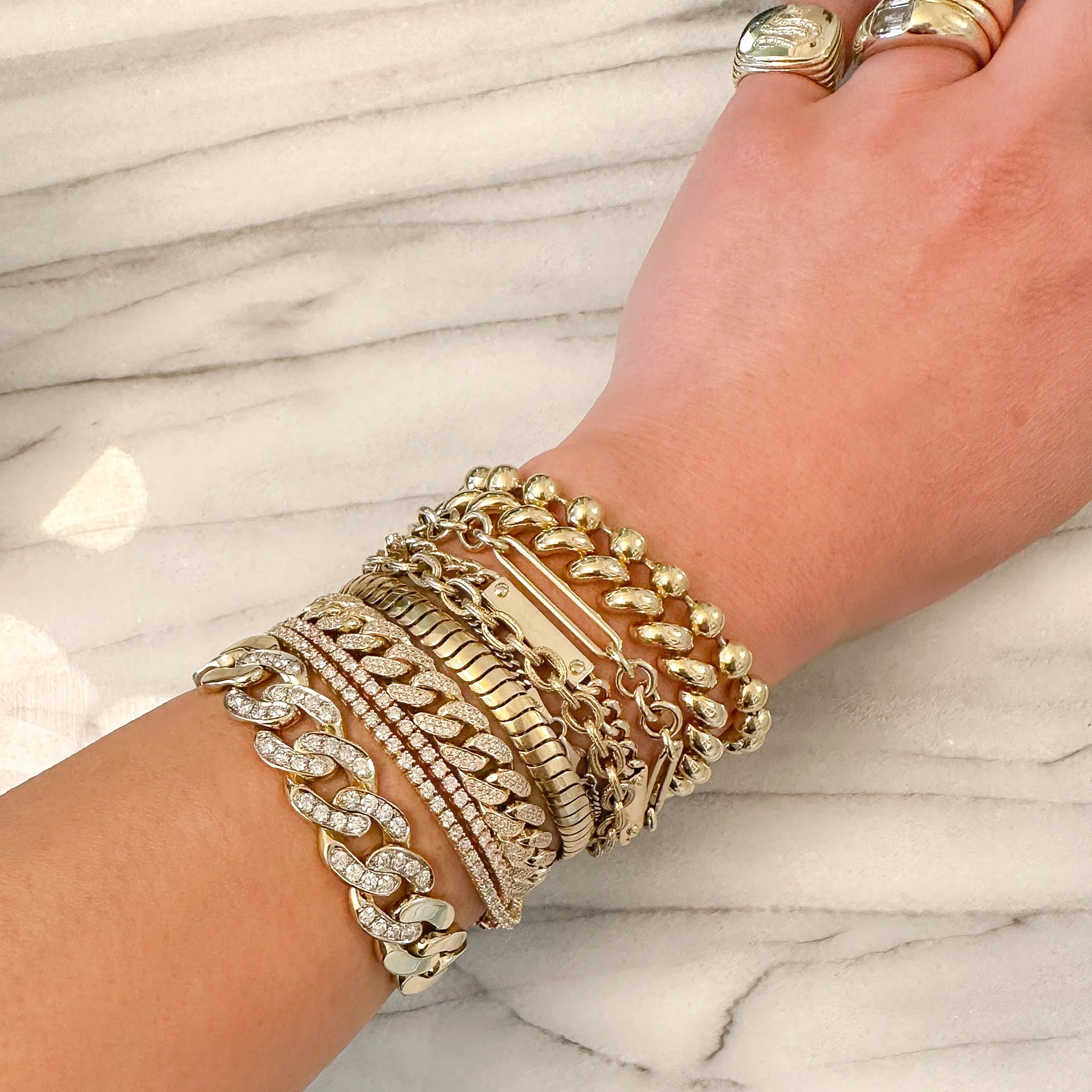 14K Gold Cuban Link Bar Chain Bracelet, Small Size Links