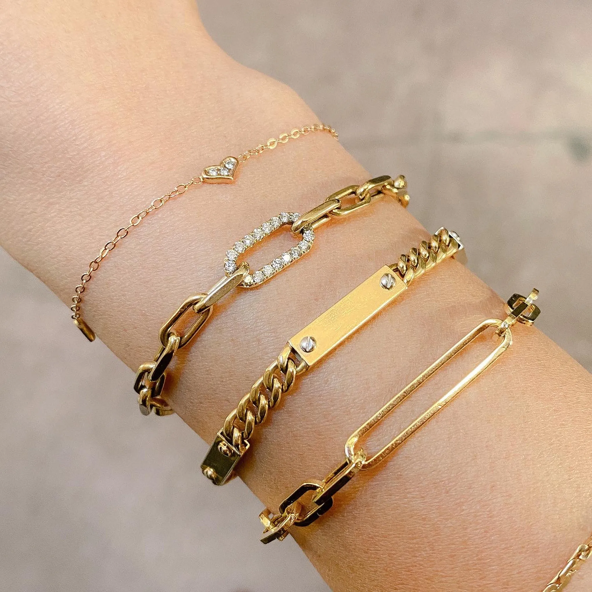 14K Gold Cuban Link Bar Chain Bracelet, Small Size Links