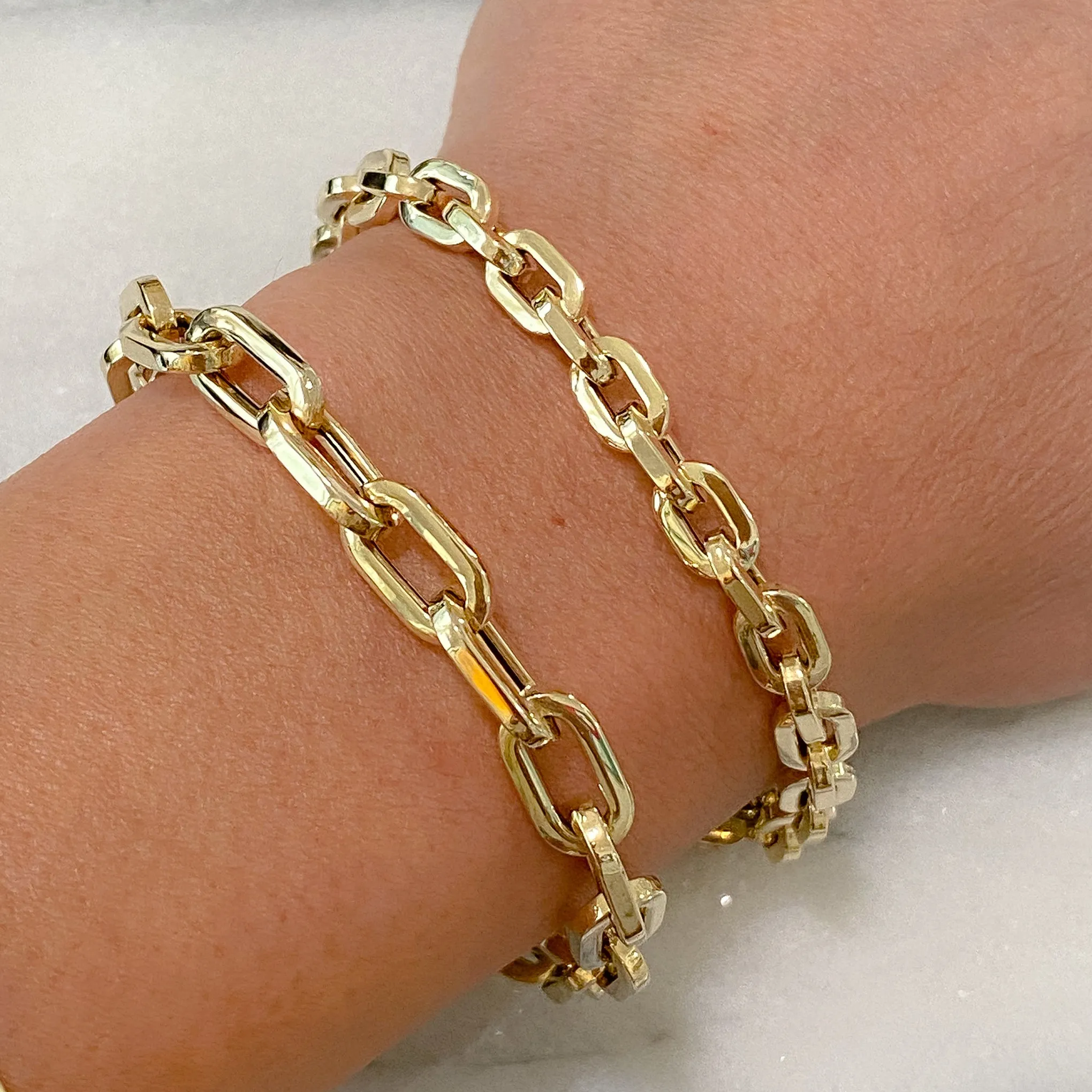 14K Gold Thick Flat Oval Link Bracelet, Small Size Links