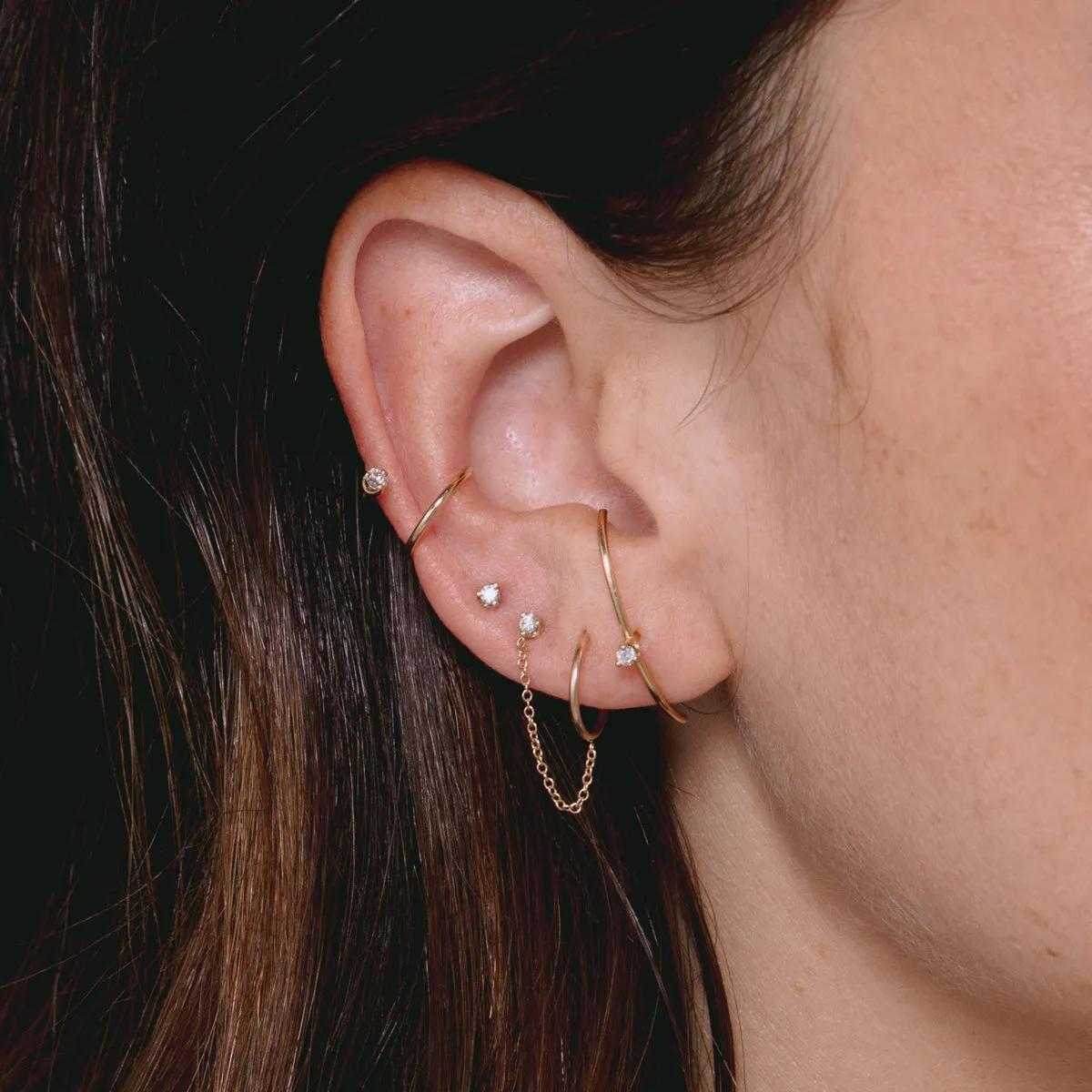 14k Prong Diamond Stud & Huggie Hoop Linked Double Earring