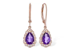 14K Rose Gold Pear Amethyst and Diamond Dangle Earrings