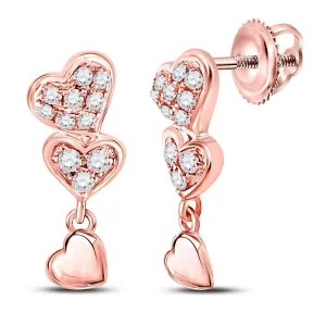 14K Rose Gold Round Diamond Triple Heart Dangle Earrings 1/6 Cttw