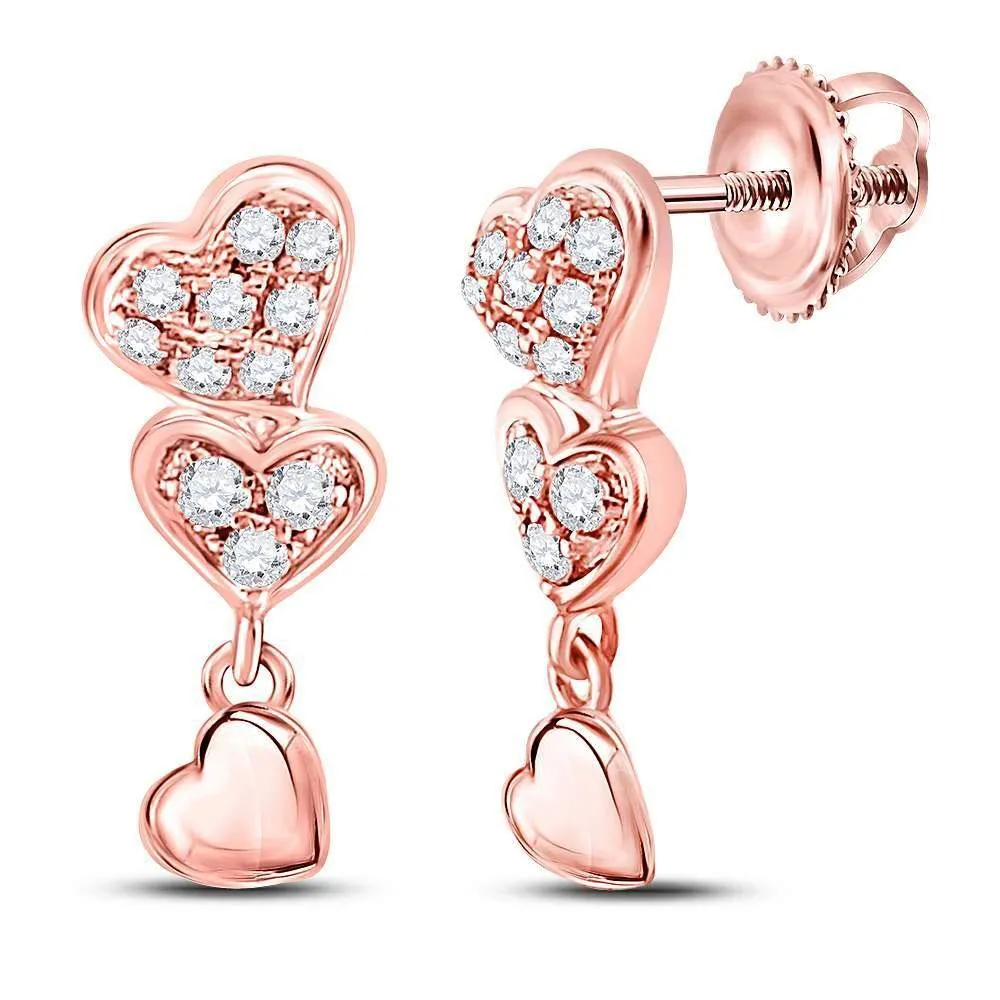 14K Rose Gold Round Diamond Triple Heart Dangle Earrings 1/6 Cttw