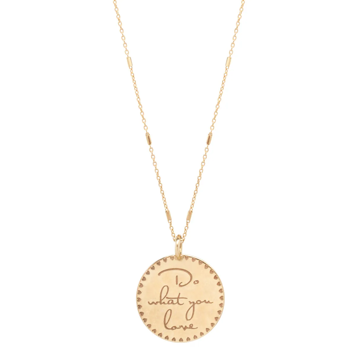 14k Small Mantra Heart Border Necklace on Tiny Bar & Cable Chain