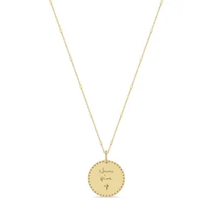 14k Small Mantra Heart Border Necklace on Tiny Bar & Cable Chain