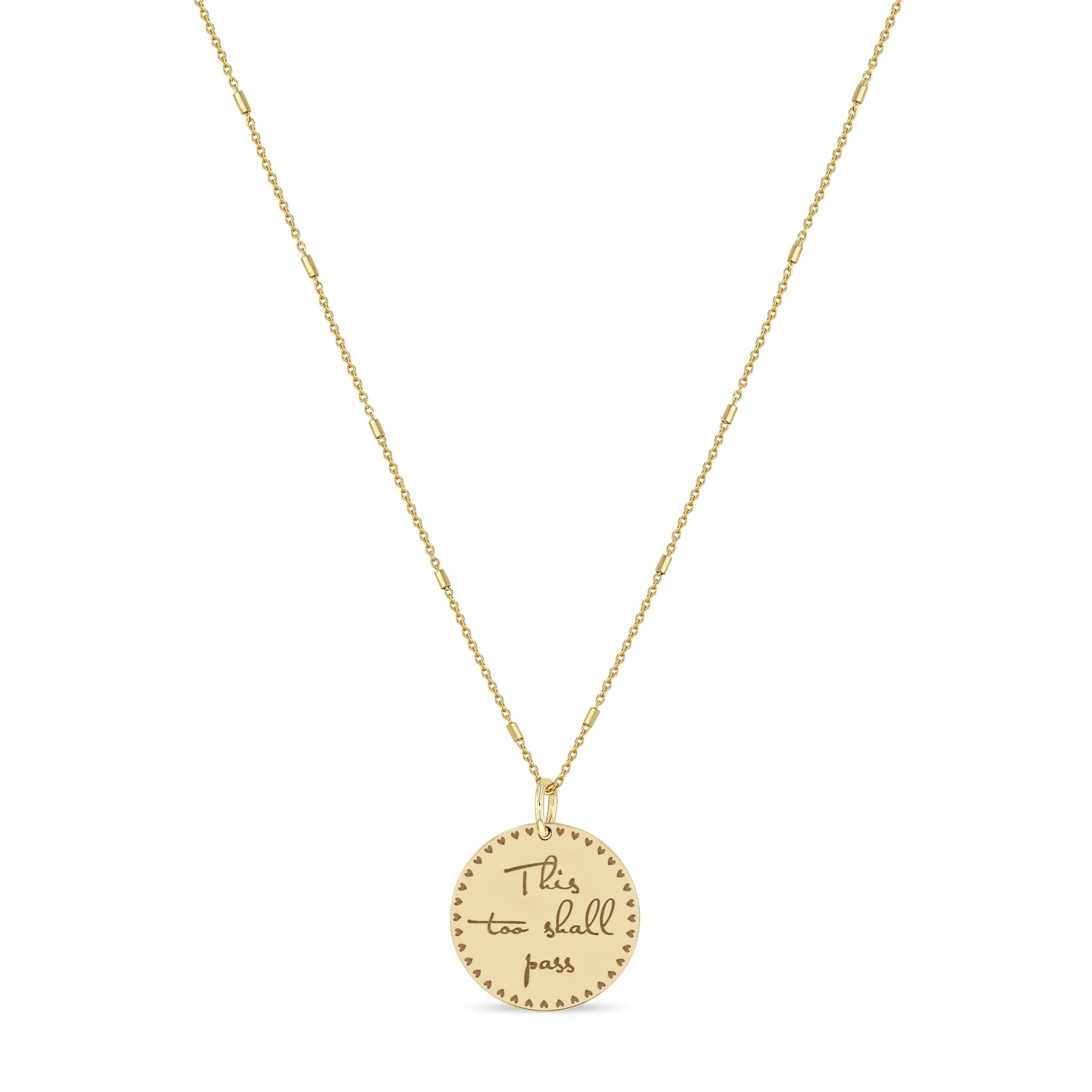 14k Small Mantra Heart Border Necklace on Tiny Bar & Cable Chain