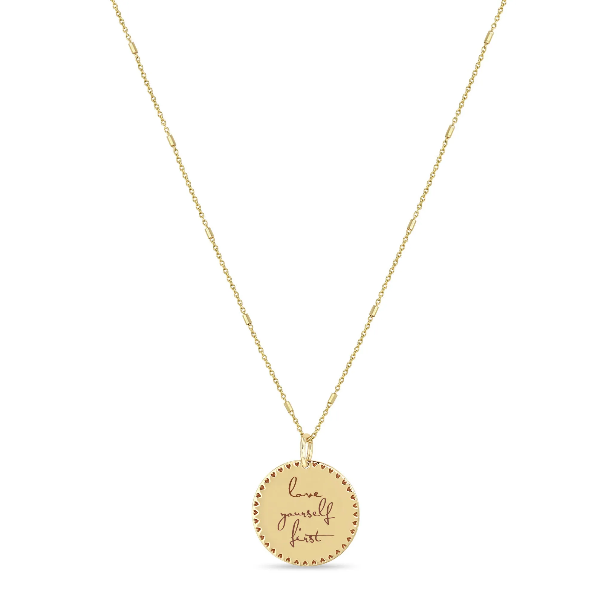 14k Small Mantra Heart Border Necklace on Tiny Bar & Cable Chain