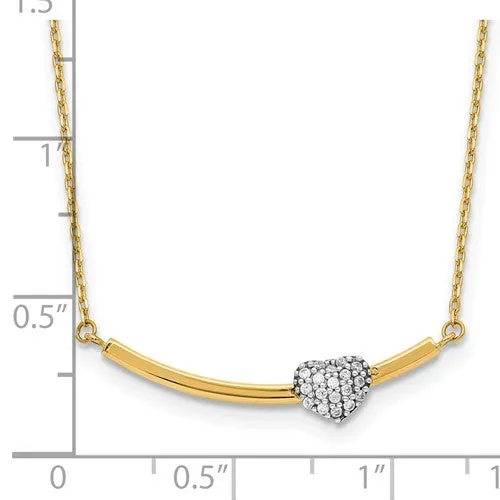 14K Two-tone Polished CZ Heart on Bar 17in Necklace
