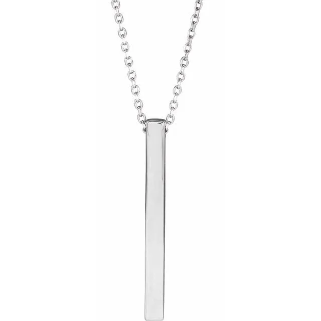 14K White Gold 25x2.6 mm Engravable Four-Sided Vertical Bar 16-18" Necklace