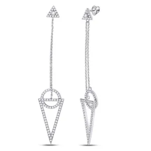 14K White Gold Round Diamond Circle Triangle Dangle Earrings 3/4 Cttw
