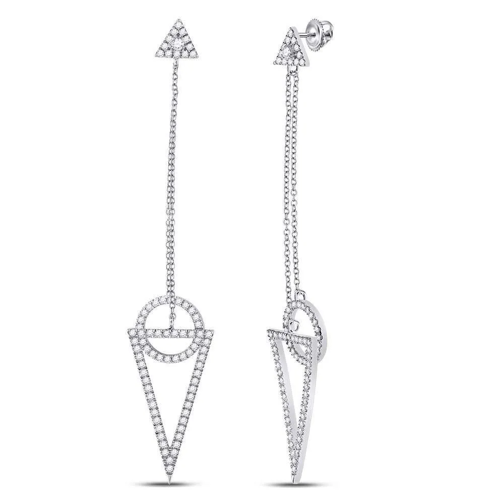 14K White Gold Round Diamond Circle Triangle Dangle Earrings 3/4 Cttw