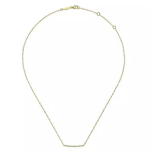 14K Yellow Gold Curved .10cttw Diamond Bar Necklace with Pave Set Diamonds