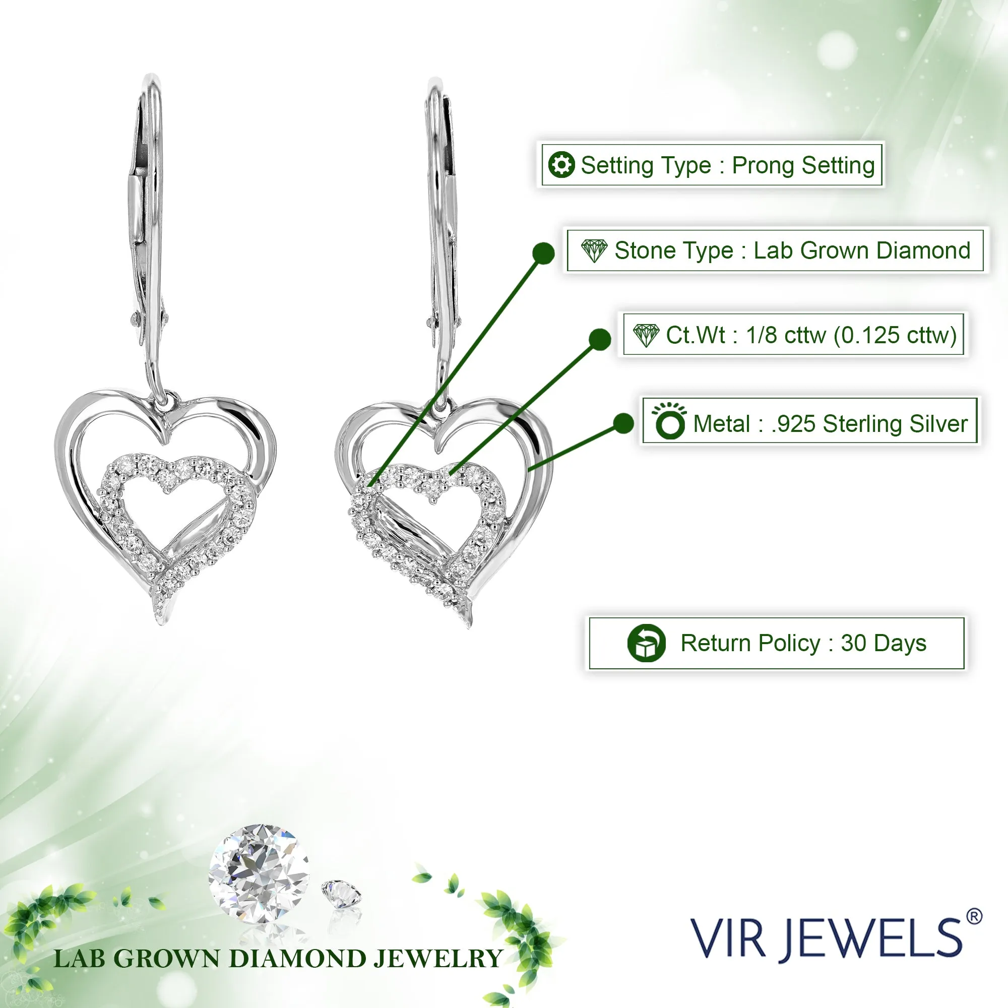 1/8 cttw Lab Grown Diamond Heart Dangle Earring Sterling Silver