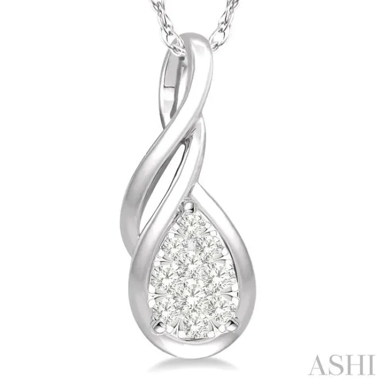 1/8 ctw Pear Shape Lovebright Entwined Wire Round Cut Diamond Pendant With Link Chain in 14K White Gold
