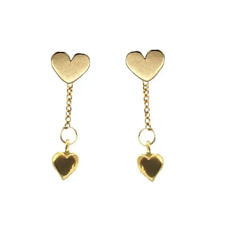 18K Solid Yellow Gold Dangle flat and puffy Hearts Earrings