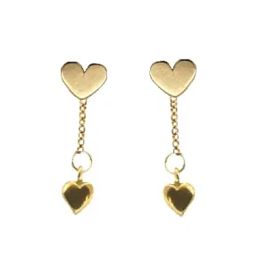 18K Solid Yellow Gold Dangle flat and puffy Hearts Earrings