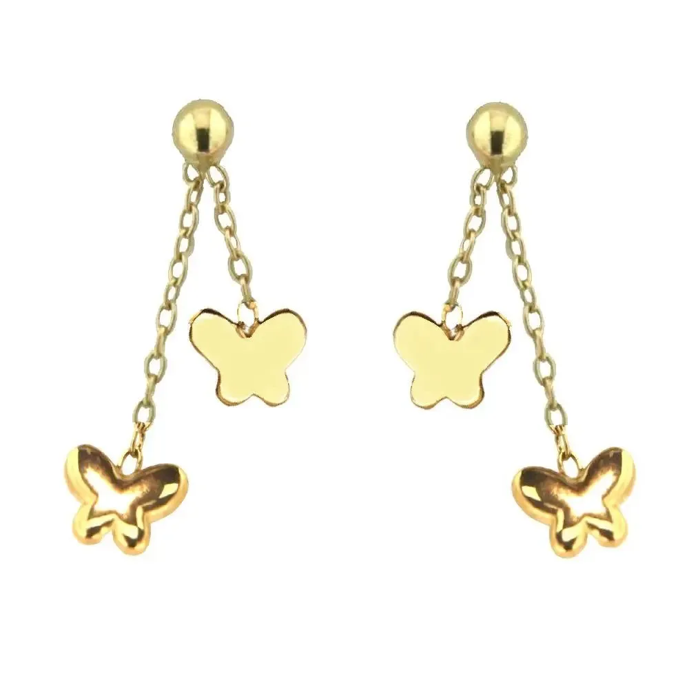 18K Solid Yellow Gold Polished Butterflies Dangle Earrings