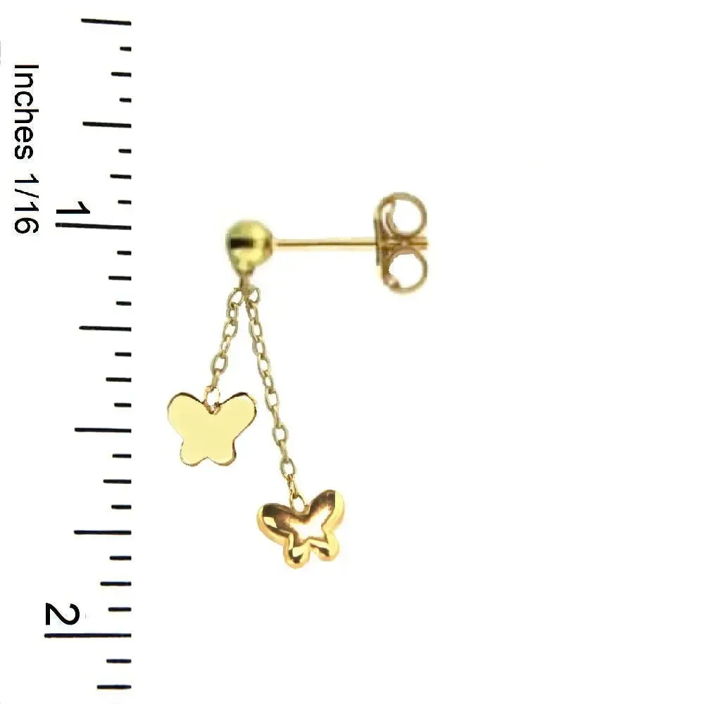 18K Solid Yellow Gold Polished Butterflies Dangle Earrings