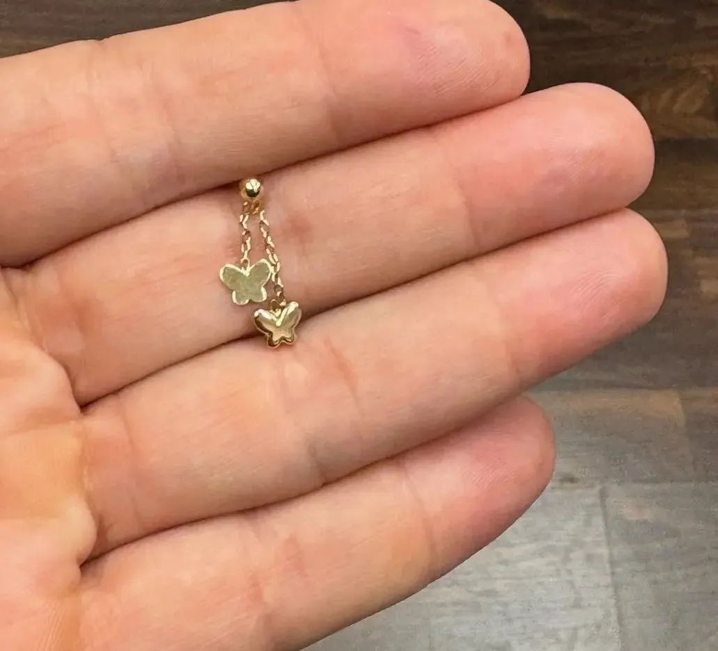 18K Solid Yellow Gold Polished Butterflies Dangle Earrings