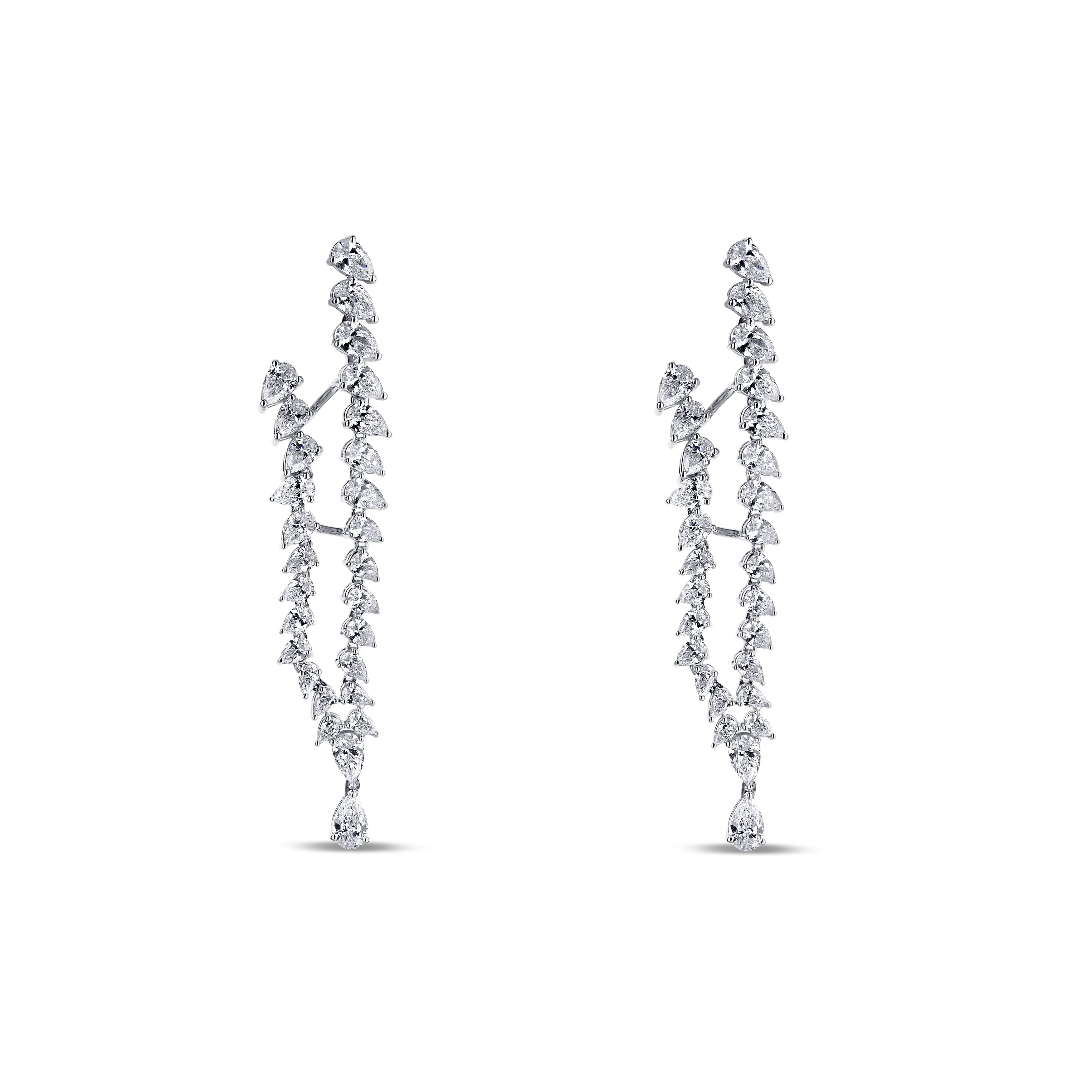 18K White Gold Double Strand "V" Shaped Pear Dangle Earrings