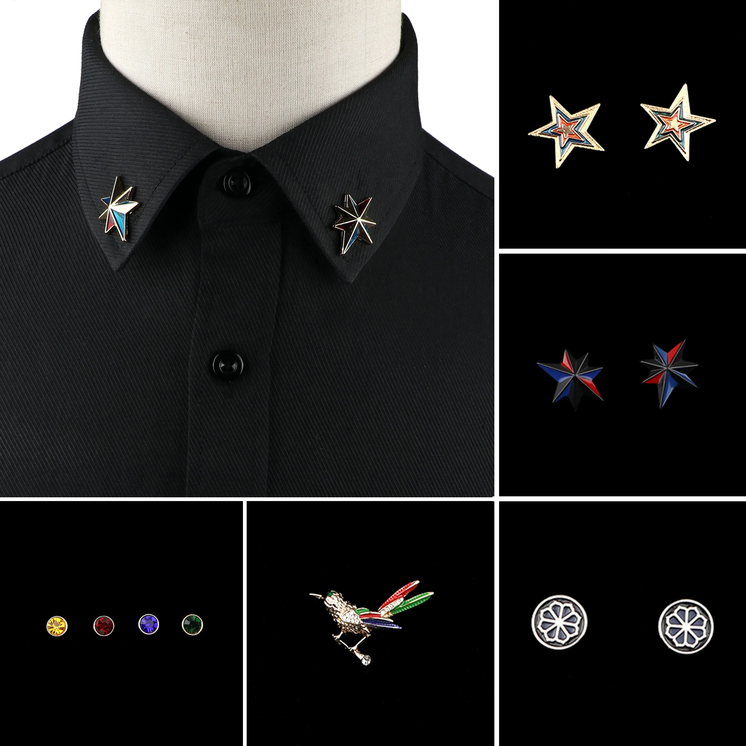 1PC/1 PAIR TRENDY SUIT SHIRT COLLAR PIN GOLD BLACK STAR DRAGON HOLLOW TRIANGLE CRYSTAL BROOCHES FOR MEN WOMEN DAILY ACCESSORY