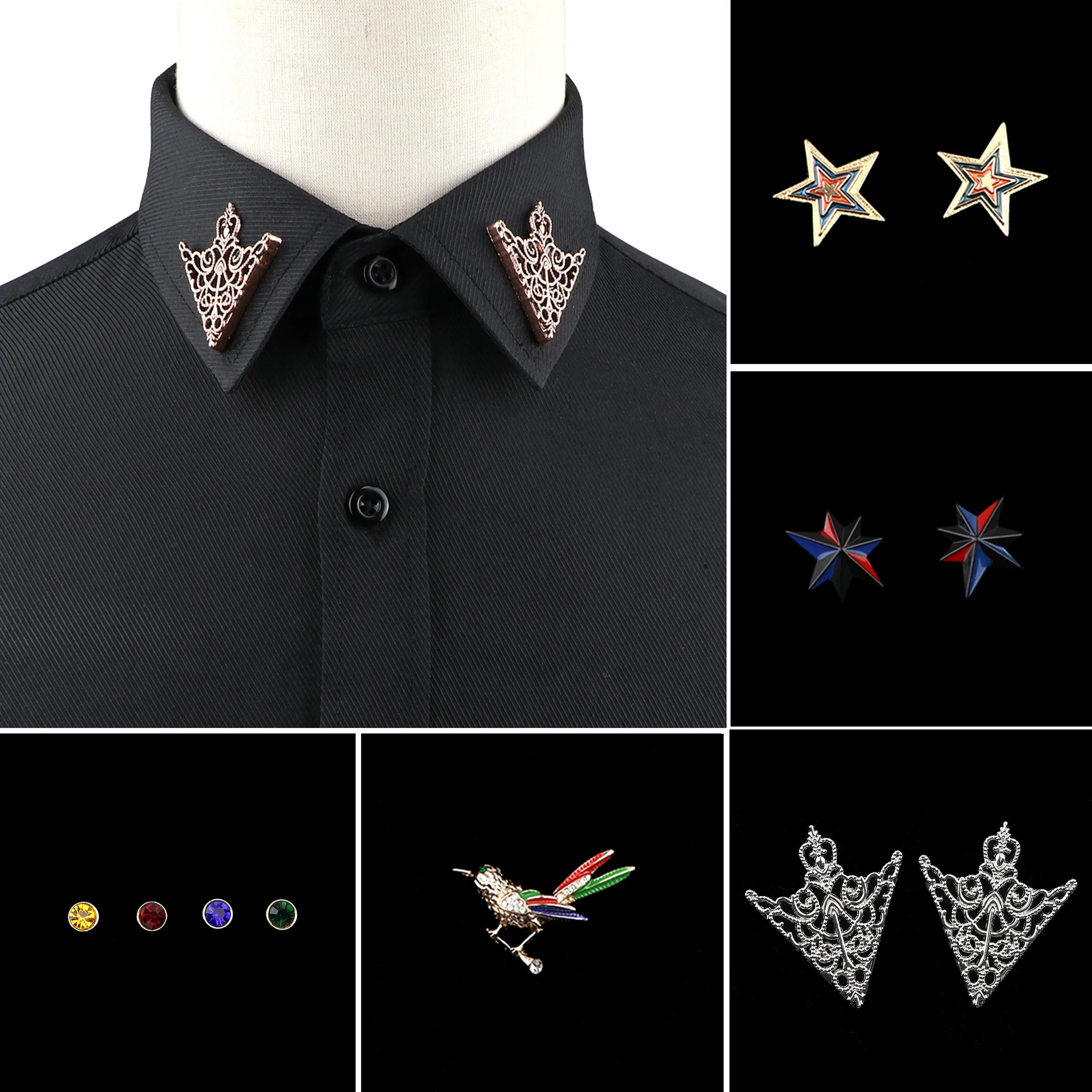 1PC/1 PAIR TRENDY SUIT SHIRT COLLAR PIN GOLD BLACK STAR DRAGON HOLLOW TRIANGLE CRYSTAL BROOCHES FOR MEN WOMEN DAILY ACCESSORY
