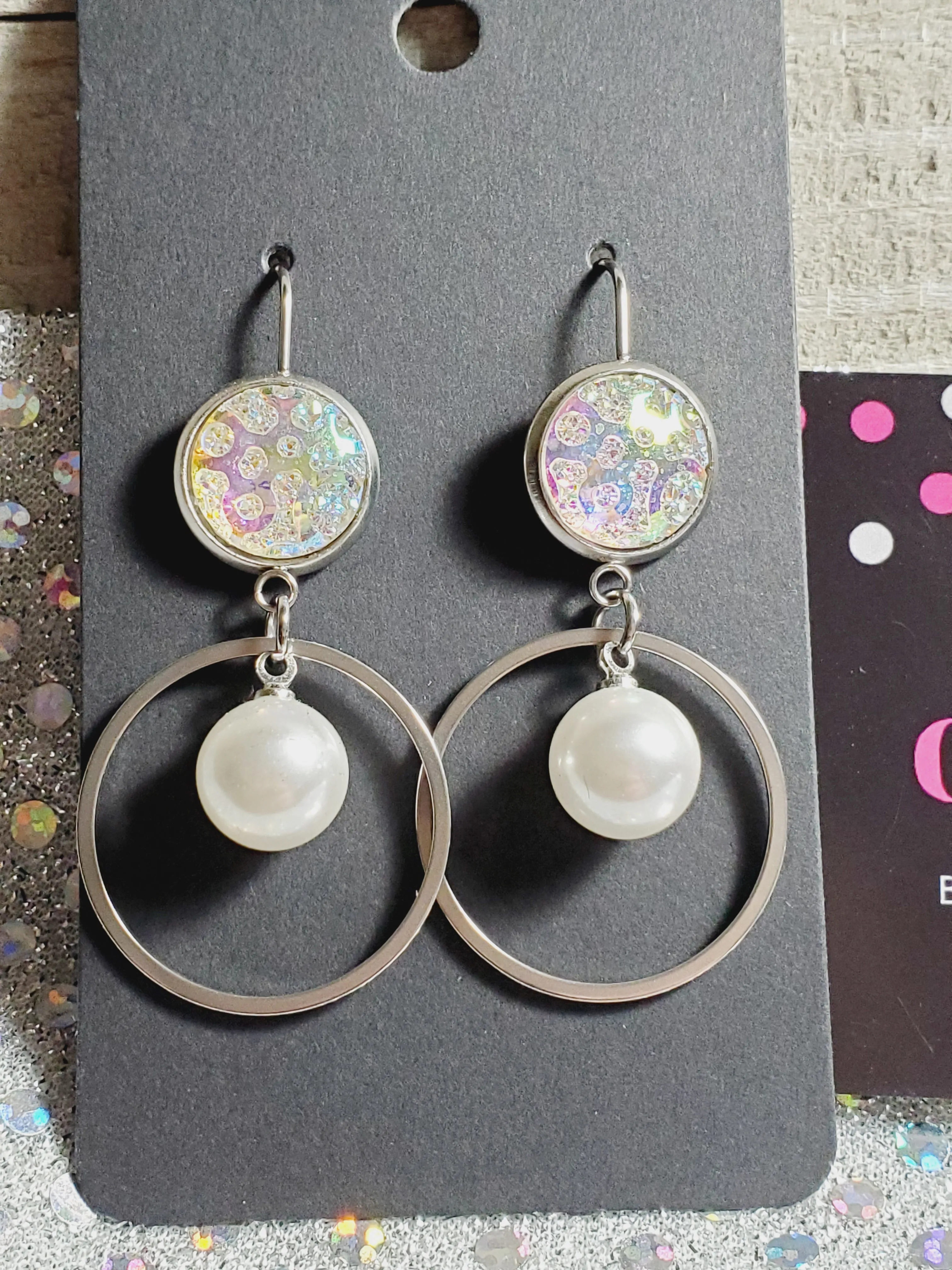 281 Iridescent Druzy Dangle Earrings with Pearl
