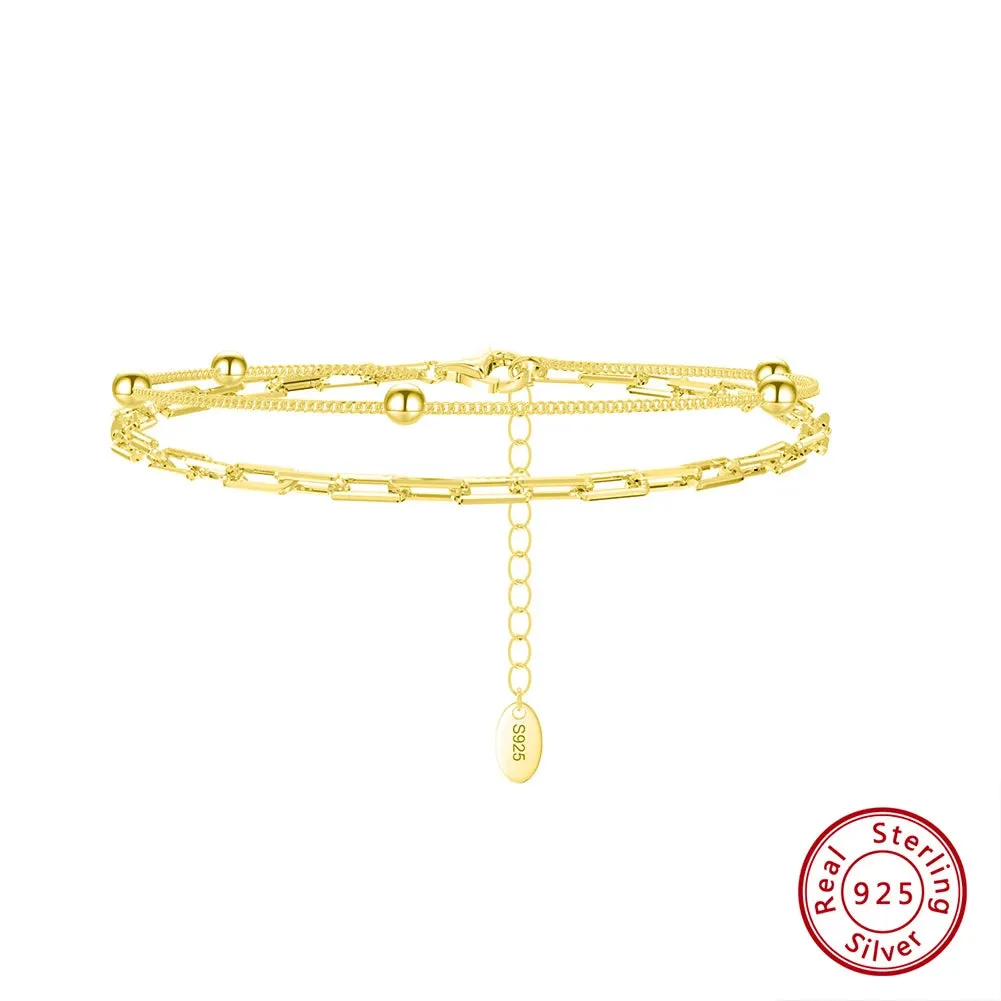 925 Sterling Silver Double Layer Paperclip Link with Satellite Chain Bracelet for Women