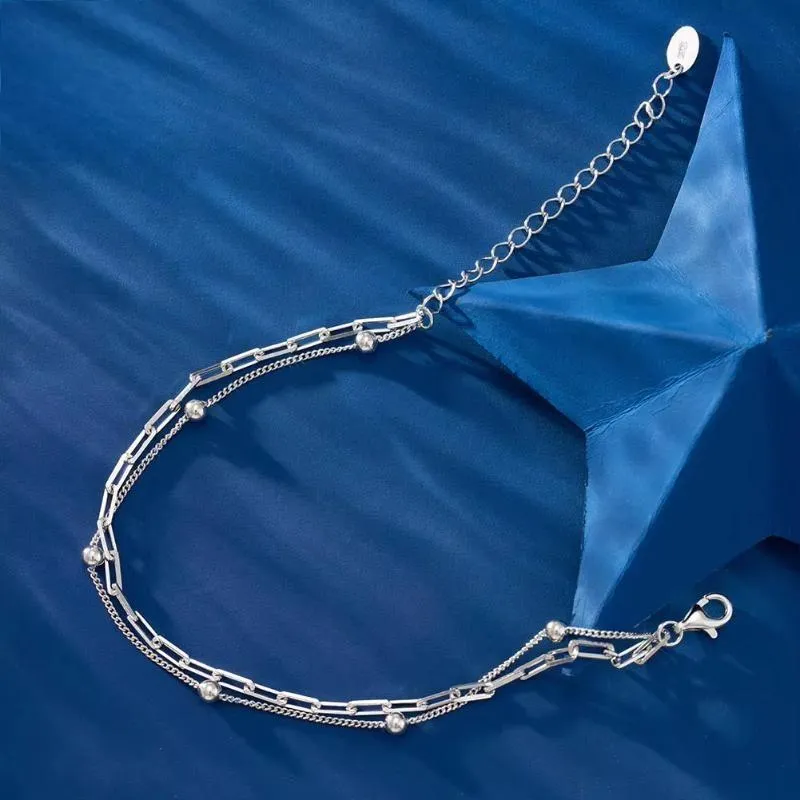 925 Sterling Silver Double Layer Paperclip Link with Satellite Chain Bracelet for Women