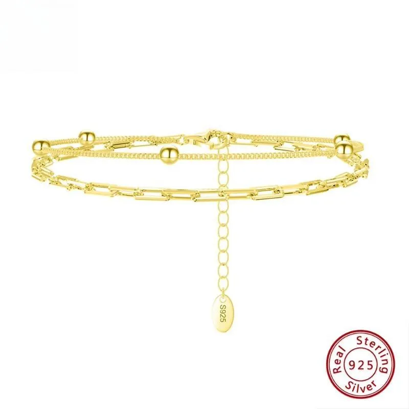 925 Sterling Silver Double Layer Paperclip Link with Satellite Chain Bracelet for Women
