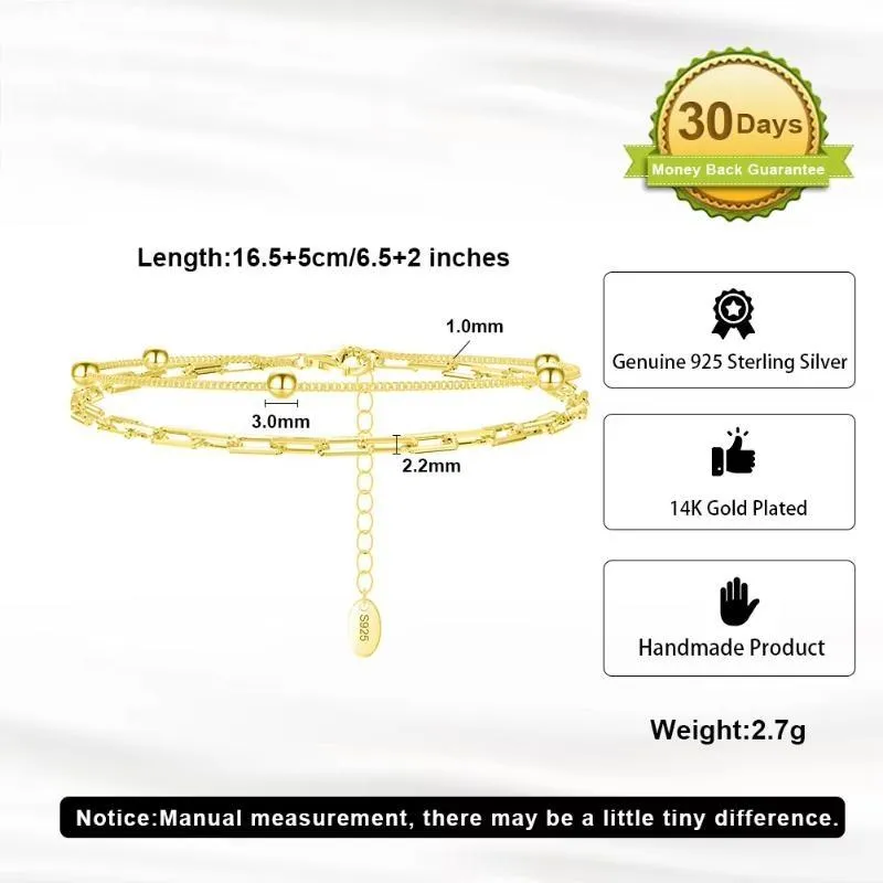925 Sterling Silver Double Layer Paperclip Link with Satellite Chain Bracelet for Women