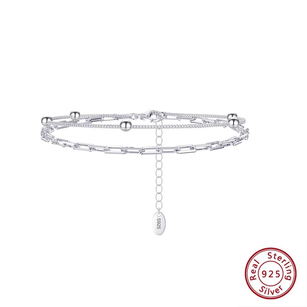 925 Sterling Silver Double Layer Paperclip Link with Satellite Chain Bracelet for Women