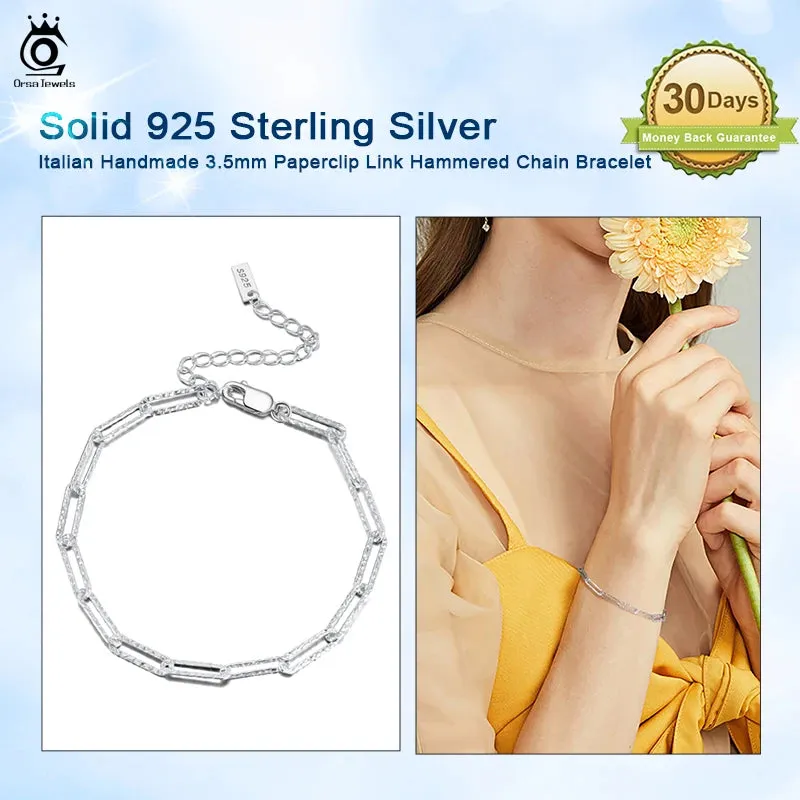 925 Sterling Silver Handmade 3.5mm Paperclip Link Hammered Chain Bracelet for Women